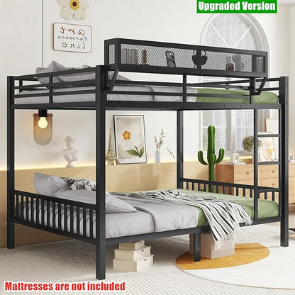 Higher Quality & Stronger Metal Queen Over Queen Bunk Bed, Thickened Heavy Duty More Stable Safer Black Steel Bunkbed Bunk Queen Bed (Easier to Assemble) (Queen Over Queen)