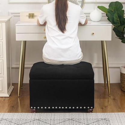 Joveco Storage Ottoman Bench, Rectangle 24″ Linen Foot Rest Stool Square Footstool for Living Room, Bedroom, Black