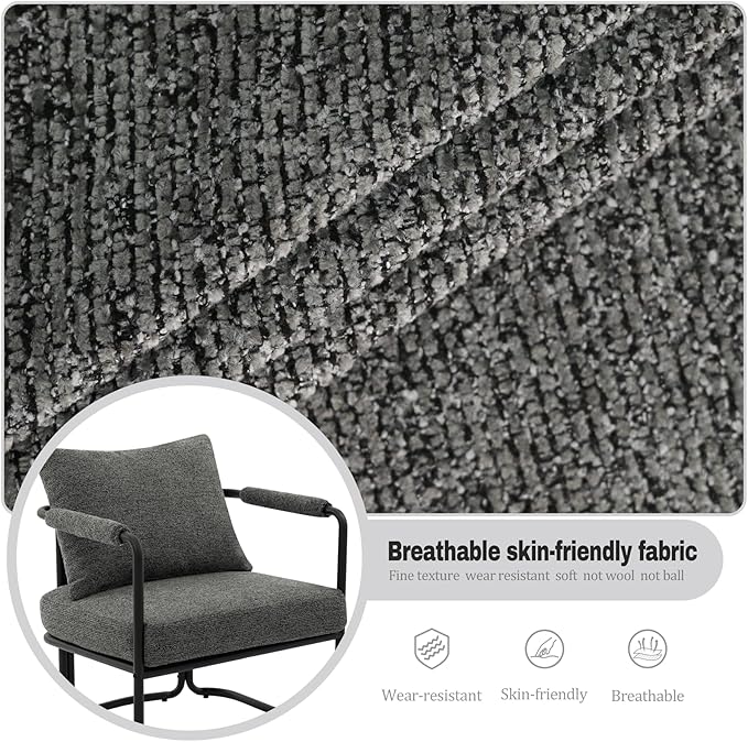 Single Accent Chair for Living Room, Mid Century Modern Upholstered Reading Armchair for Bedroom, Office, with Comfy Chenille Cushion & Metal Frame, Dark Grey