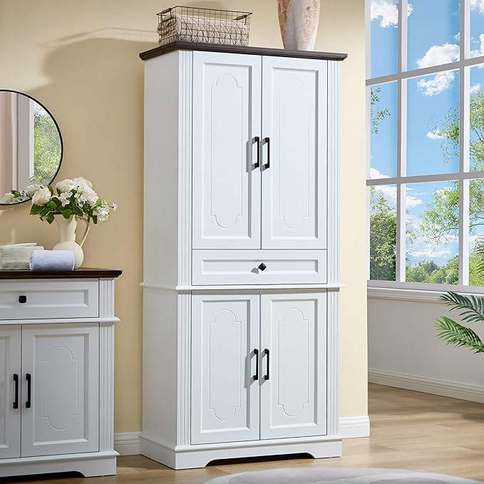71" White Tall Pantry Cabinet with Drawer and Adjustable Shelves, Modern Storage Cabinet with Doors, Kitchen Buffet Cabinet, Food Pantry Storage Cabinet, Coffee Bar, Living Room and Dining Room