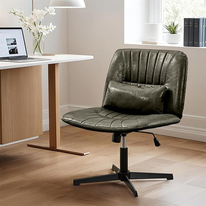 URRED Criss Cross Office Chair, Armless Cross-Legged Desk Chair with Fixed Legs, Height Adjustable Wide Seat Task Vanity Chair for Home Office or Bedroom (Green)