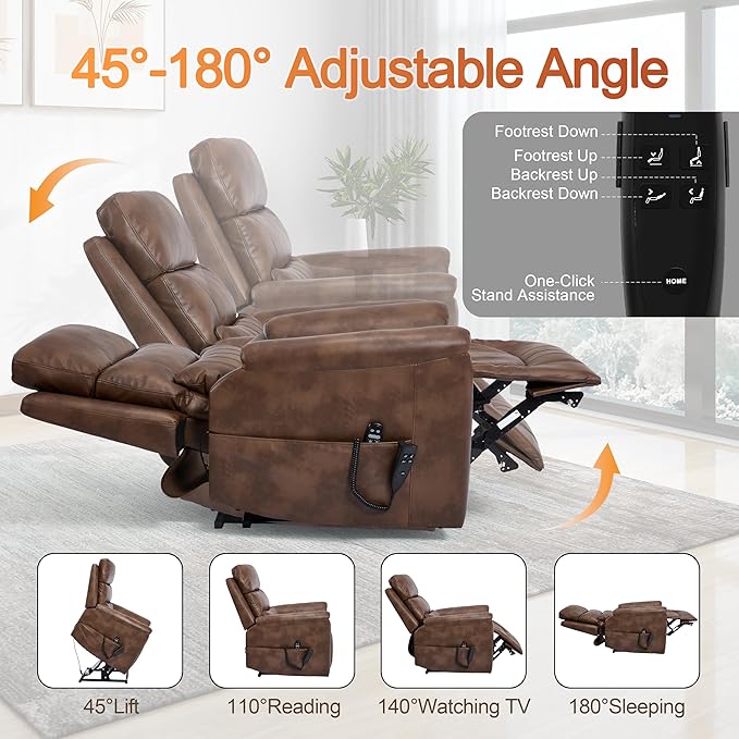 Power Lift Recliner Chair for Elderly People, Dual Motor Lay Flat Recliner with Vibration Massage and Heat, Heavy Duty Motion Mechanism Standing Assistance Reclining Chair, Faux Leather Brown