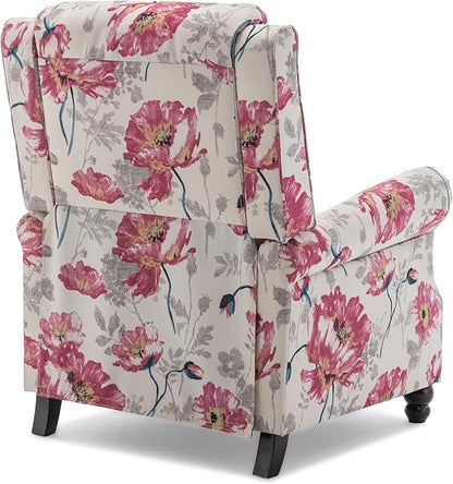 Pushback Recliner Chairs Set of 2, Upholstered Armchair Wingback Recliner Chair, Floral Fabric Push Back Recliner with Wood Legs, Rivet Trim Single Sofa Accent Chair for Living Room, Pattern White