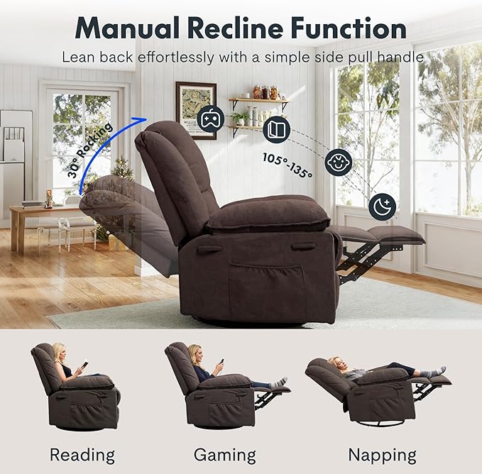 FLEXISPOT Massage Swivel Rocker Recliner Chair for Adults, Rocking Chair Nursery with Massage and Heat, USB Charging Port, 360° Swivel Recliner for Living Room Bedroom Nursery, Brown (XRC2)