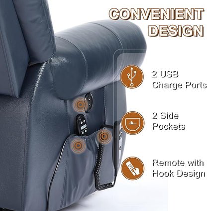 Luxlen Power Lift Recliner Chair for Elderly, Dual Motor Massage Recliner with Lumbar Heat, Heavy Duty Motion Mechanism Lift Chair with Charge Ports, Genuine Leather - Blue