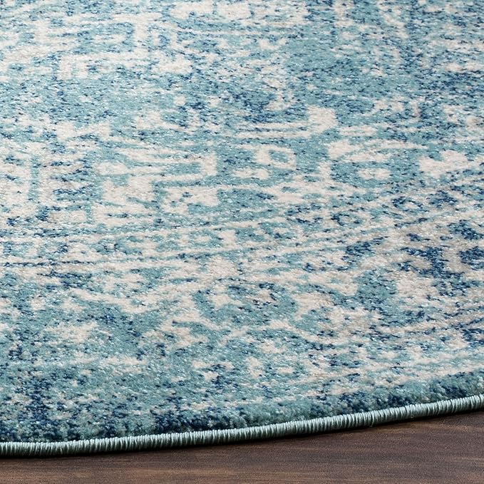 SAFAVIEH Evoke Collection Area Rug - 3' Round, Blue & Ivory, Distressed Design, Non-Shedding & Easy to Clean, Ideal for Foyer, Bedroom, Accent Space (EVK256C)