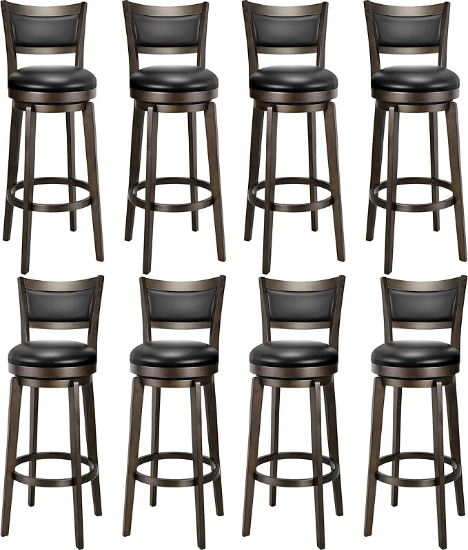 PrimeZone Swivel Bar Stools Set of 8, 34 Inch Extra Tall Bar Height Barstools, Black Faux Leather Bar Stool with High Backrest, Solid Wood Leg, Wrap-Around Footrest, Counter Stools for Pub