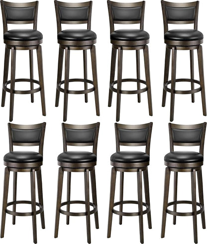 PrimeZone Swivel Bar Stools Set of 8, 34 Inch Extra Tall Bar Height Barstools, Black Faux Leather Bar Stool with High Backrest, Solid Wood Leg, Wrap-Around Footrest, Counter Stools for Pub