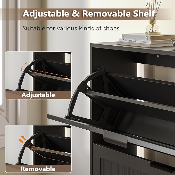 Shoe Cabinet for Entryway with 2 Flip Drawers, Slim Wooden Shoe Storage Organizer with Modern Fluted Pannel，Freestanding Narrow Hidden Shoe Rack for Hallway, Foyer, Living Room