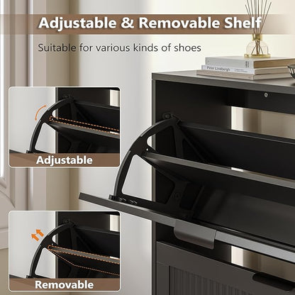 Shoe Cabinet for Entryway with 2 Flip Drawers, Slim Wooden Shoe Storage Organizer with Modern Fluted Pannel，Freestanding Narrow Hidden Shoe Rack for Hallway, Foyer, Living Room