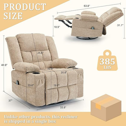 360° Rotating Adult Rocking Recliner, Baby Room Glider with Massage and Heating Functions, Rocking Chair with Cup Holder, Manual Recliner for Living and Bedroom (Fabric, Khaki)