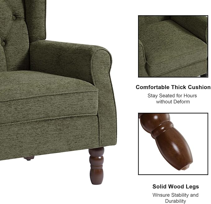Accent Chair, Upholstered Armchair with Button Tufted High Back & Solid Wood Legs, Comfy Wingback Reading Single Sofa Chair for Small Spaces, Living Room, Bedroom-Green, Set of 1