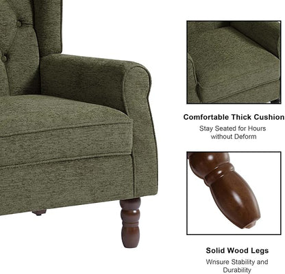 Accent Chair, Upholstered Armchair with Button Tufted High Back & Solid Wood Legs, Comfy Wingback Reading Single Sofa Chair for Small Spaces, Living Room, Bedroom-Green, Set of 1