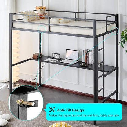 Karl home Twin Metal Loft Bed with Desk, with Power Outlet and LED Lighted, Safety Guardrail & Ladder, Space Saving, No Noise, No Box Spring Needed, Black