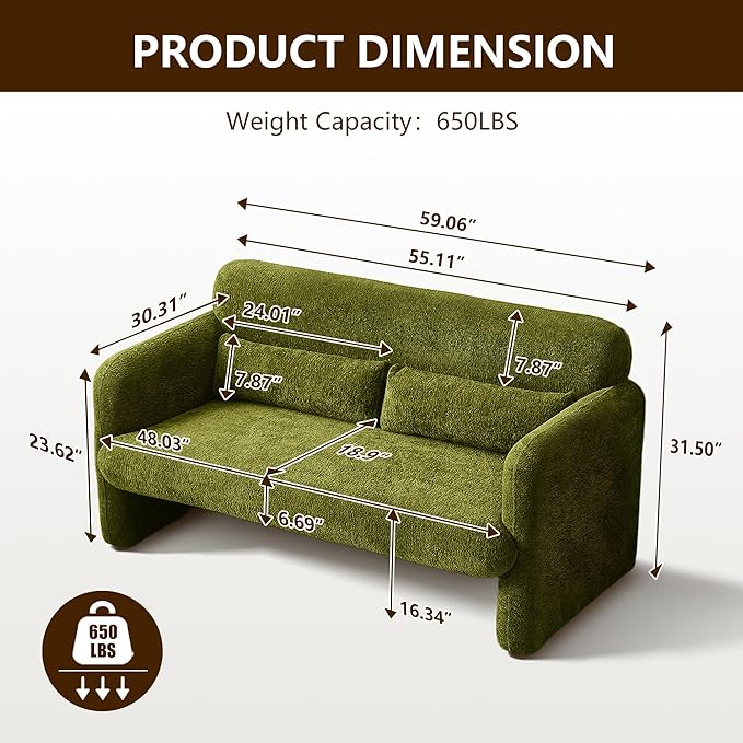 59" W Upgrade Lambswool Fabric Loveseat Sofa, Modern Love seat Couch, Solid and Easy to Install, Upholstered 2-Seater Couch for Bedroom, Apartment, Living Room