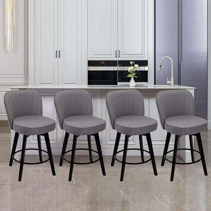 MINCETA Bar Stools Set of 4, 26 Inch Upholstered Barstools with Backrest and Footrest, Swivel Counter Height Barstools for Kitchen Island Home Bar Gray