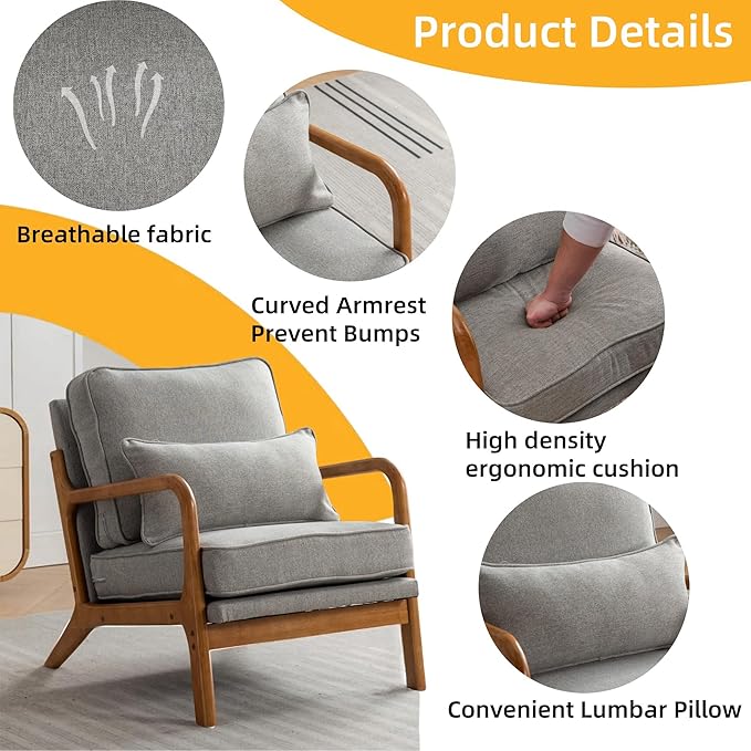 Mid-Century Accent Chair,Linen Fabric Lounge Chair with Wide Armrest,Linen Fabric Armchair withLumbar Pillow & Solid Wood Frame for Living Room, Bedroom, Balcony(Light Gray)