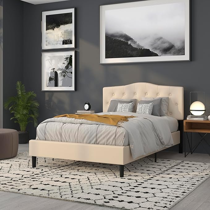 BizChair Tufted Upholstered Full Size Headboard in Beige Fabric