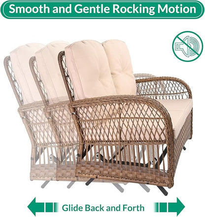 VIVIJASON 4-Piece Outdoor Patio Wicker Conversation Sets, All Weather Outdoor Rattan Furniture Set Includes Glider Loveseat, Coffee Table, 2 Rocking Chairs with Cushions for Backyard, Light Brown
