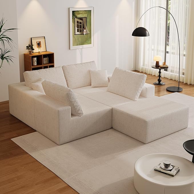 139" Boneless Cloud Sectional Couch for Living Room, Compressed Modular L-Shaped Sofa with Deep Seat, Frameless Corduroy Couch in Boxes, No Assembly Required 4-Seater (Left-Facing Chaise, Beige)