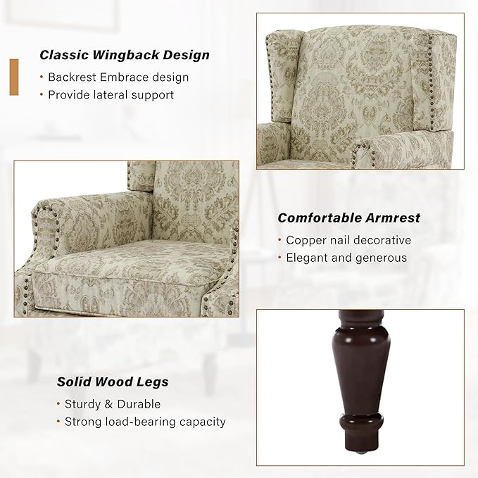 Wingback Accent Chairs Set of 2, High Back Upholstered Armchair, Printed Fabric Wingback Arms Chairs with Wood Legs, Single Sofa Reading Chair for Bedroom Living Room, White