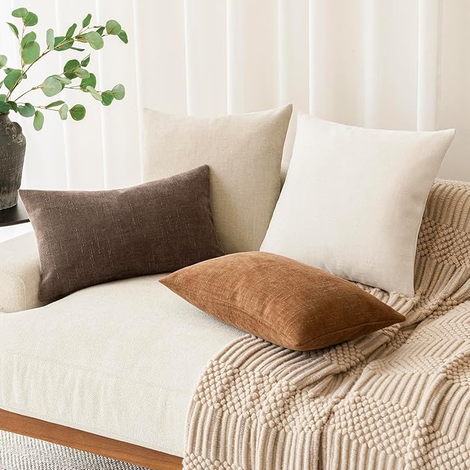 Foindtower Pack of 2 Soft Textured Chenille Throw Decorative Pillow Covers Lumbar Accent Solid Cushion Cover Cozy Neutral Farmhouse Pillow Case for Couch Sofa Bedroom Living Room 12x24 Inch, Chocolate