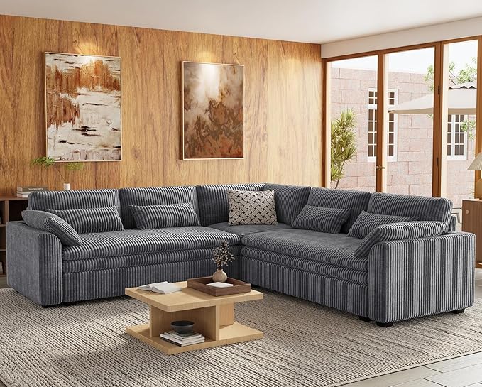 Belffin Large Modular Sectional Sofa with Double 61" Loveseat, Corduroy Corner Couch with 9" Soft Dual-Layer Seats Cushion for Living Room, Apartment, Small Sapce, Light Grey