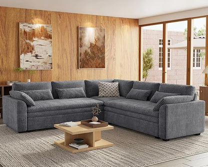 Belffin Large Modular Sectional Sofa with Double 61" Loveseat, Corduroy Corner Couch with 9" Soft Dual-Layer Seats Cushion for Living Room, Apartment, Small Sapce, Light Grey
