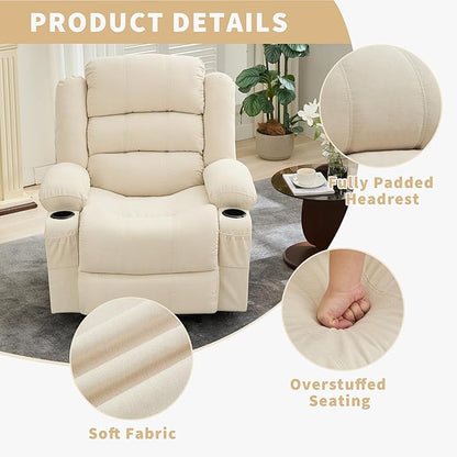 Large Recliner Chair for Adults Overstuffed Fabric Manual Pull Tab Recliner with Cup Holders, Side Pocket, 3-Position Recline, Minimalist Style Single Sofa Chair for Living Room Bedroom, Beige