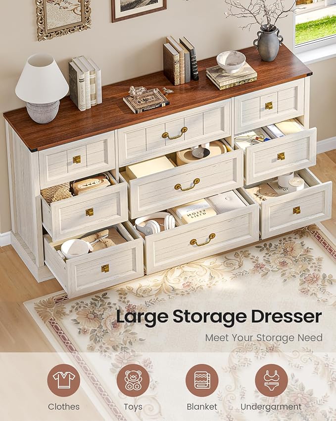 AOGLLATI Farmhouse 9 Drawers Dresser for Bedroom, 63" Wide Wood Rustic Chest of Drawers with Natural Texture, Vintage Design, Long Wide Storage Dresser for Bedroom, Antique White