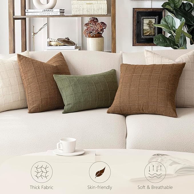 Foindtower Set of 2 Decorative Linen Check Throw Pillow Covers Neutral Farmhouse Vintage Cushion Covers Modern Boho Home Decor for Sofa Chair Couch Bedroom Living Room,24×24 Inch,Natural Beige