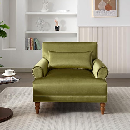 Merax Accent Chair with Circular Armrests, Upholstered Armchair Single Sofa with Vintage Roman Column Legs for Living Room, Bedroom, Study, Ergonomic Lumbar, Velvet, Green