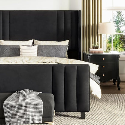 AMERLIFE King Size Bed Frame, Velvet Upholstered Platform Bed with Vertical Channel Tufted Headboard & Footboard/Wingback, Mattress Foundation with Wood Slats, No Box Spring Needed, Black