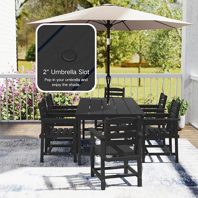 7 Piece Patio Dining Set with 11ft Patio Umbrella (Cream-White), 7 Black Outdoor HDPE Dining Set with 6 Chairs + 1 Large Table, for Market, Pool, Garden, Backyard, Deck