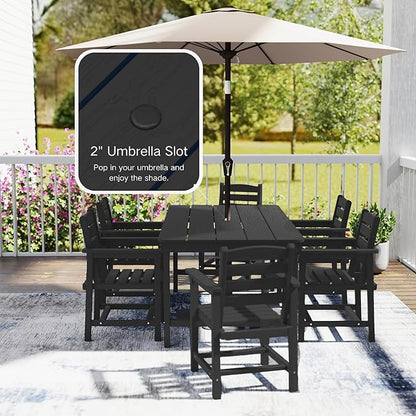 7 Piece Patio Dining Set with 11ft Patio Umbrella (Black), 7 Black Outdoor HDPE Dining Set with 6 Chairs + 1 Large Table with 2" Umbrella Hole, for Market, Pool, Garden, Backyard, Deck