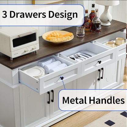 63" White Buffet Sideboard Cabinet with 4 Doors and 3 Drawers, Modern Farmhouse Kitchen Storage Cabinet, Coffee Bar Cabinet with Adjustable Shelves, Living Room Storage, Dining Room