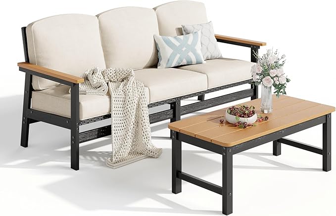 HDPE Outdoor Patio Furniture 3-Piece Set, All Weather Modern Patio Conversation Sets with Wood-grain Extended Table, Outdoor Patio Couch Set, Black Frame with Beige 4.7" Thick Cushions