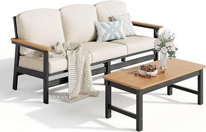 HDPE Outdoor Patio Furniture 3-Piece Set, All Weather Modern Patio Conversation Sets with Wood-grain Extended Table, Outdoor Patio Couch Set, Black Frame with Beige 4.7" Thick Cushions