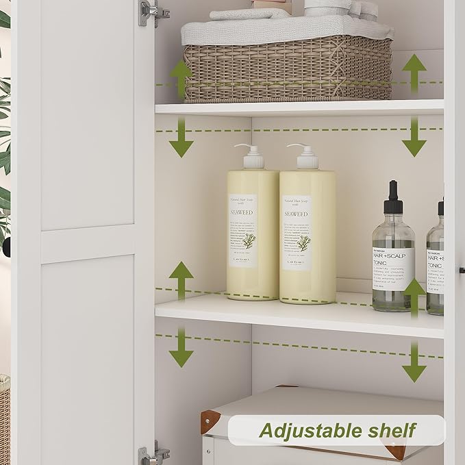 Tall Bathroom Storage Cabinet with Glass Doors, 67" Tall Freestanding Linen Cabinet with Adjustable Shelves, Floor Standing Organizer for Bathroom, Living Room, Kitchen, (White)