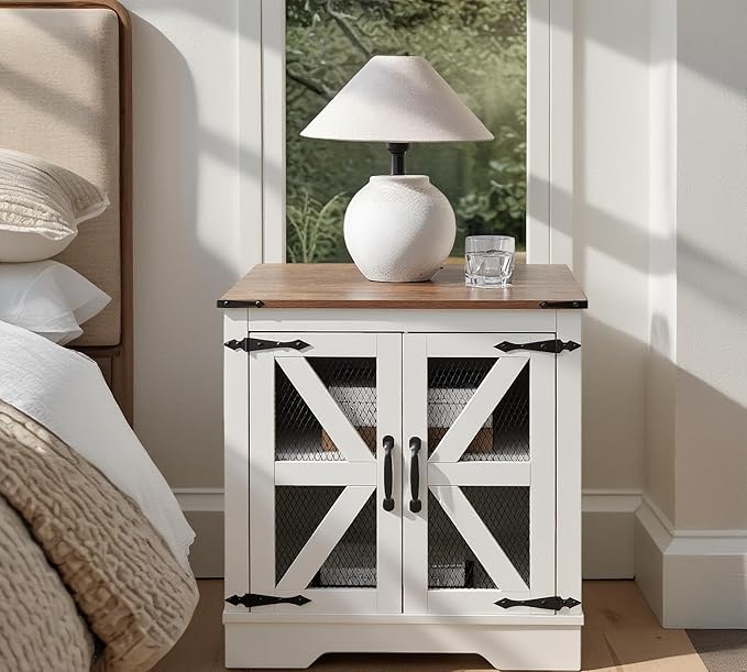 White Farmhouse End Table Set of 2, 24" Wood Sofa Side Table with Charging Station, Nightstand with Mesh Barn Door for Living Room, Square