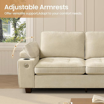 84" Loveseat for Living Room,Modern Chenille Upholstered 2-Seater Loveseat Couch for Apartment,Solid Wood Sofa with Adjustable Storage Armrest,Cup Holders,USB & Type-C Ports(Beige)