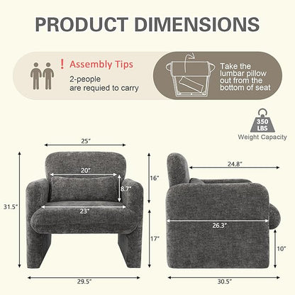 LSSPAID Modern Accent Chairs, Chenille Fabric Armchairs for Living Room, Comfy Upholstered Leisure Single Sofa Chair with Lumbar Pillow for Bedroom, Balcony, Office (Charcoal, Set of 2)