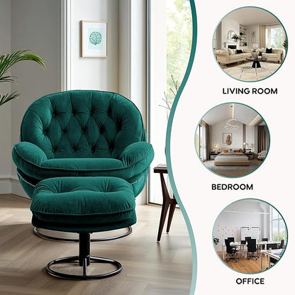 360° Swivel Modern Velvet Accent Chair with Ottoman | Mid-Century Button Tufted Lounge Chair for Living Room & Bedroom, Green