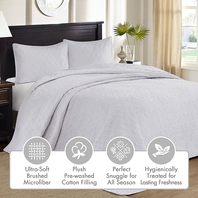 Madison Park Quebec Queen Size Quilt Bedding Set - White , Damask – 3 Piece Bedding Quilt Coverlets – Ultra Soft Microfiber Bed Quilts Quilted Coverlet
