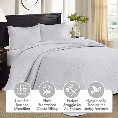 Madison Park Quebec Reversible Quilt Set Damask Design, Double Sided Stitching All Season, Lightweight Bedspread Bedding Set, Matching Sham, White, Twin(81"x110") 2 Piece