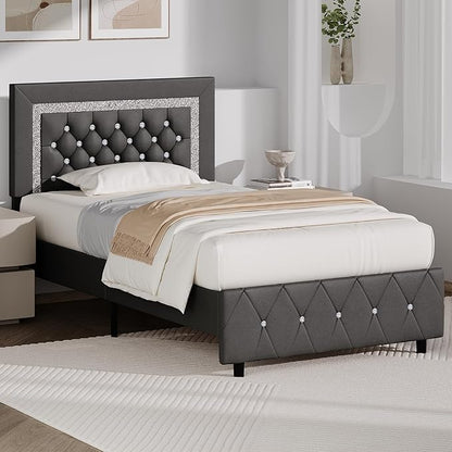 BarnFurin Twin Bed Frame with Diamond Tufted Headboard, Faux Leather Upholstered Bed with Wooden Slats Support, No Box Spring Needed, Mattress Foundation, Easy Assembly, Grey