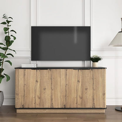 LKTART 55" Sideboard Buffet Cabinet with Storage, Wooden Fluted Storage Cabinet Sideboard with Adjustable Shelves Metal Rounded Corner for Kitchen Living Room (Natural)