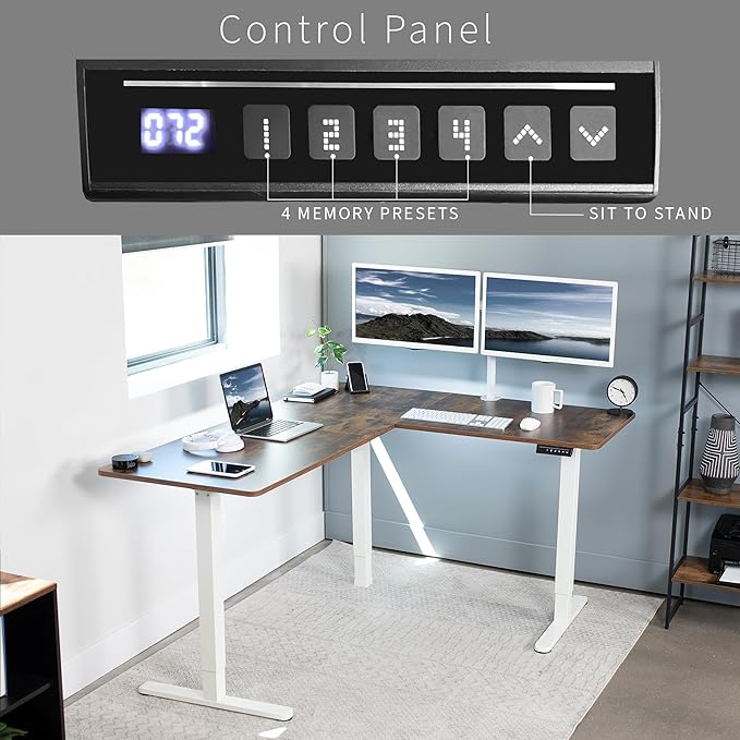 VIVO Corner Standing Desk, 63 x 55 inch Reversible L-Shaped Workstation, Electric Height Adjustment, Home, Office, and Reception Rooms, Rustic Vintage Brown Table Top White Frame, DESK-E3CTWN