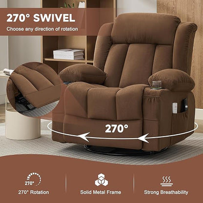 Power Swivel Rocker Recliner Chair with Heat and Massage, USB and Type-C Charging Port, Electric Glider Rocking Chairs, Oversized Recliner Chairs for Adults(Fabric, Brown)