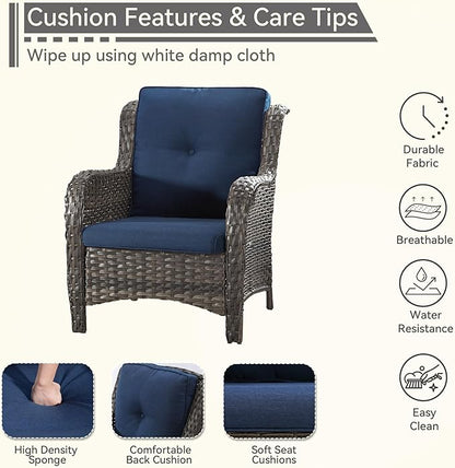 Patio Wicker Chairs Set of 2, Patio Rattan Dining Chairs with 3.5-inch Seat Cushions, High Back and Curved Armrest for Garden, Backyard, Balcony and Deck, Blue